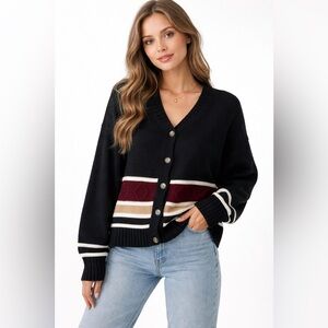 Grace Karin Black Maroon & Tan Cardigan Sweater